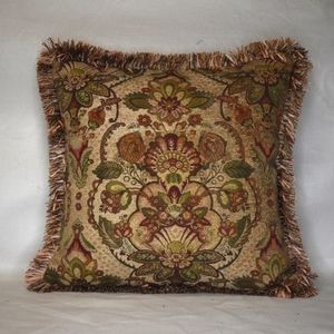 chenille gold green rust floral fringe decorative pillow for sofa